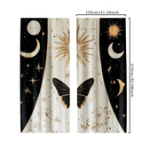 2 cortinas decorativas góticas con motivos de fases lunares, sol, estrellas y flores en negro y dorado
