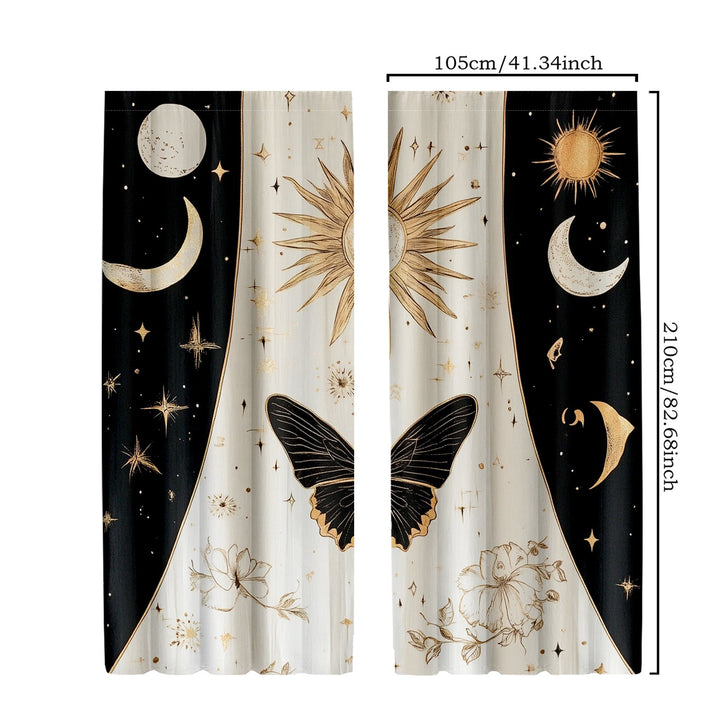 2 cortinas decorativas góticas con motivos de fases lunares, sol, estrellas y flores en negro y dorado
