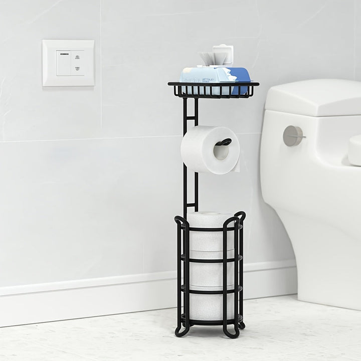 Soporte para papel higiénico de hierro forjado pintado, independiente, con estante adicional para rollos gigantes, teléfono, toallitas y difusor, instalación con adhesivo, para baño