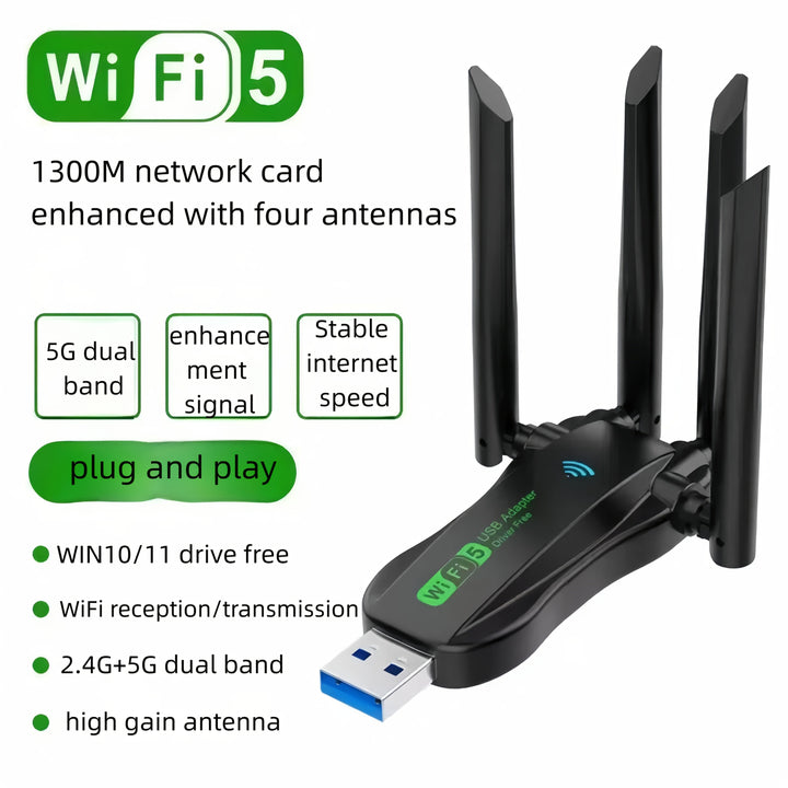 Adaptador Wi-Fi USB con 4 antenas - Conectividad de alta velocidad de 1300 Mbps, doble banda, enchufa y juega, red estable para hogar y oficina, solución Wi-Fi para oficina | Diseño moderno de Wi-Fi | Calidad de construcción duradera, extensor de rango d