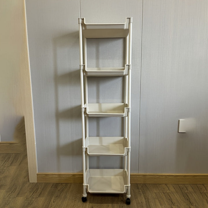 Carrito de Almacenamiento Rodante de 4/5 Niveles con Ruedas - Organizador Compacto de Plástico Duradero para Hogar, Oficina, Guardería - Unidad Móvil Ligera sin Montaje Necesario, Solución de Almacenamiento Doméstico | Diseño Blanco Limpio | Estantería L