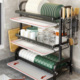 Organizador de cocina de 3 niveles en metal negro, soporte para platos, tazones y cubiertos con porta cubiertos extraíble, construcción resistente en hierro, ideal para uso en hogar y restaurante, escurridor de platos