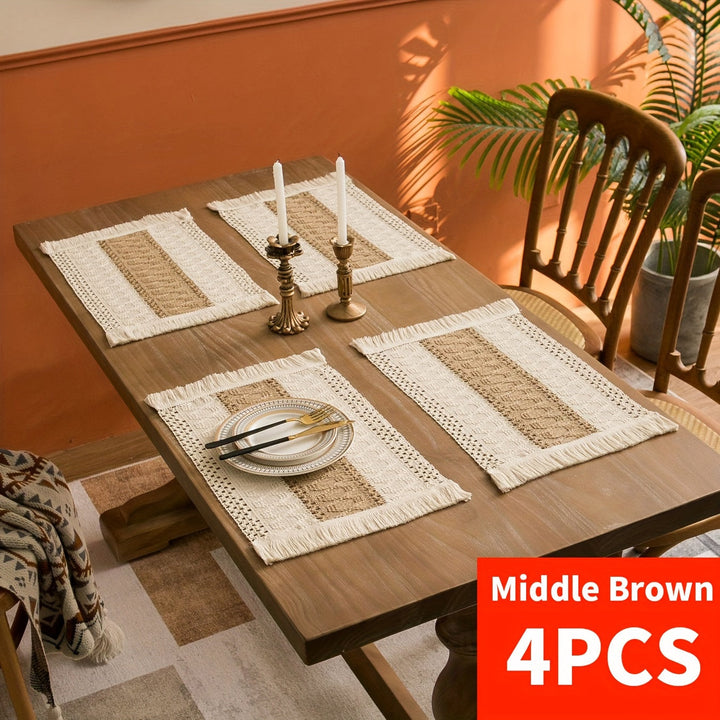 4/6piezas Manteles de arpillera bohemios, manteles de mesa de lino tejido a mano de estilo chic, manteles rectangulares de rayas con sensación de lujo ligero, adecuados para mesas de café, decoración del hogar y decoración de entretenimiento festivo - Du