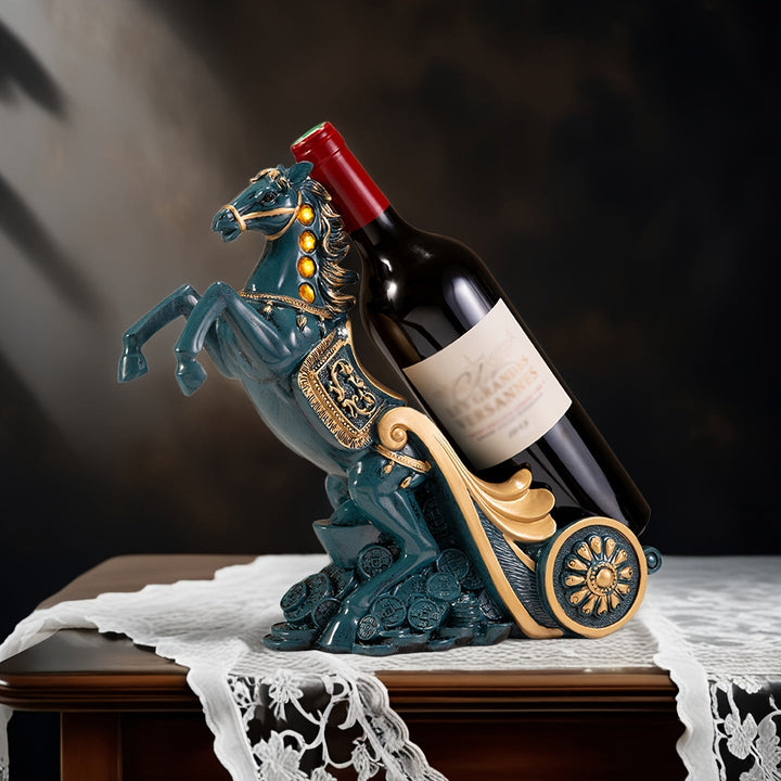 Elegante estante de vino azul con detalles dorados - Decoración lujosa de resina para sala de estar, soporte de TV o armario de vino - Regalo perfecto para mudanza o ocasiones especiales, decoración de caballos