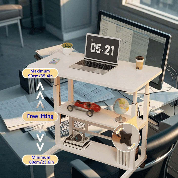 Escritorio de Computadora de Doble Capa con Altura Ajustable y Ruedas Bloqueables, Marco de Acero y Tablero de Madera Dura - Estantes Multinivel para Oficina en Casa, Estudio de Arte, Espacios Pequeños, Almacenamiento para Escritorio