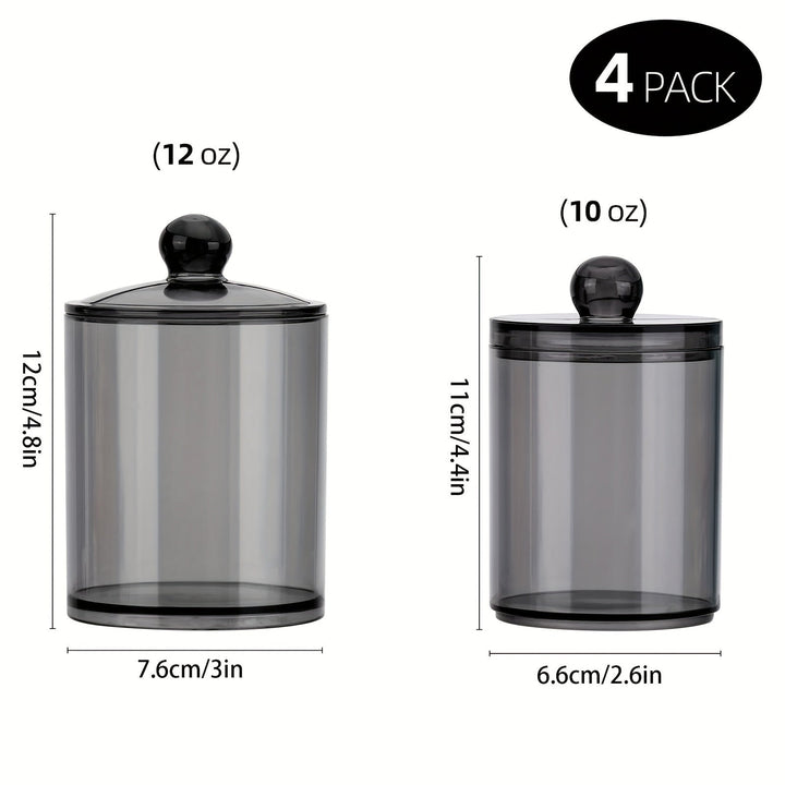 Juego de 4 frascos de plástico transparentes de 12 oz y 10 oz, organizadores y contenedores de almacenamiento para baño, bolas, hisopos, almohadillas redondas, hilo dental, con tapa