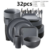 Juego de vajilla de plástico PP ligero, 32/64 piezas, resistente para microondas y lavavajillas, forma redonda moderna, ideal para Año Nuevo, Día de San Valentín y picnics al aire libre (en gris y negro), esenciales para picnic, vajilla moderna, juego de