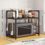 Estante expandible de 2 niveles con ganchos para microondas, soporte metálico para cocina, ideal para pan, repisa de microondas y almacenamiento multipropósito