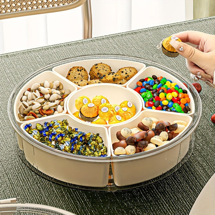 1pc Bandeja de aperitivos giratoria con tapa, organizador de almacenamiento de alimentos de plástico redondo para nueces, frutas secas, dulces - Ideal para el hogar, fiestas, bodas - Seguro para el contacto con alimentos, perfecto para Navidad, Halloween