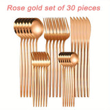 Juego de Cubiertos Elegante de Acero Inoxidable Dorado - 30 Piezas: Cuchillos, Tenedores y Cucharas Postre - Apto para Lavavajillas, Ideal para Hogar, Cocina, Restaurantes, Hoteles, Fiestas, Acción de Gracias, Navidad y Bodas - Juego de Utensilios de Alt