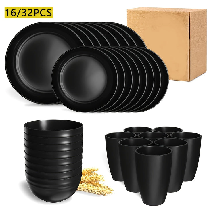 Juego de vajilla reutilizable de paja de trigo, 16/32 piezas, redondo, diseño sólido, plástico, apto para microondas y lavavajillas, para familia, camping, picnic, fiestas, suministros de cocina, vajilla para días festivos