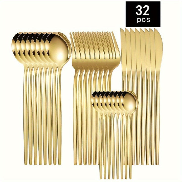 Juego de cubiertos de acero inoxidable dorado pulido, 16/24/32 piezas, en caja de regalo, incluye tenedor, cuchillo y cuchara, apto para lavavajillas, ideal para Navidad, Halloween, Pascua, 4 de julio y otras celebraciones