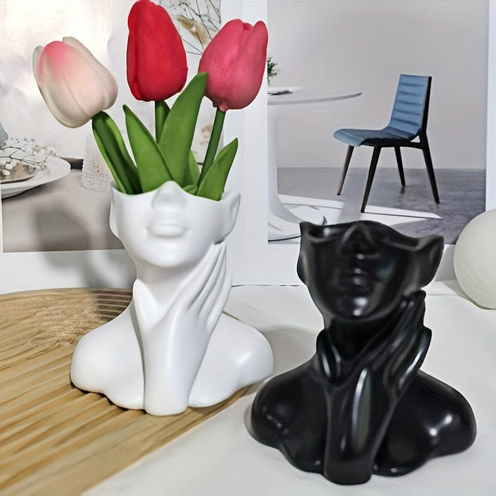1pc | Moderno Abstracto | Jarrón Humanizado, Estatua de Resina con Diseño de Cuello Táctil, Contenedor de Mesa Decorativo para Plantas Frescas e Hidropónicas