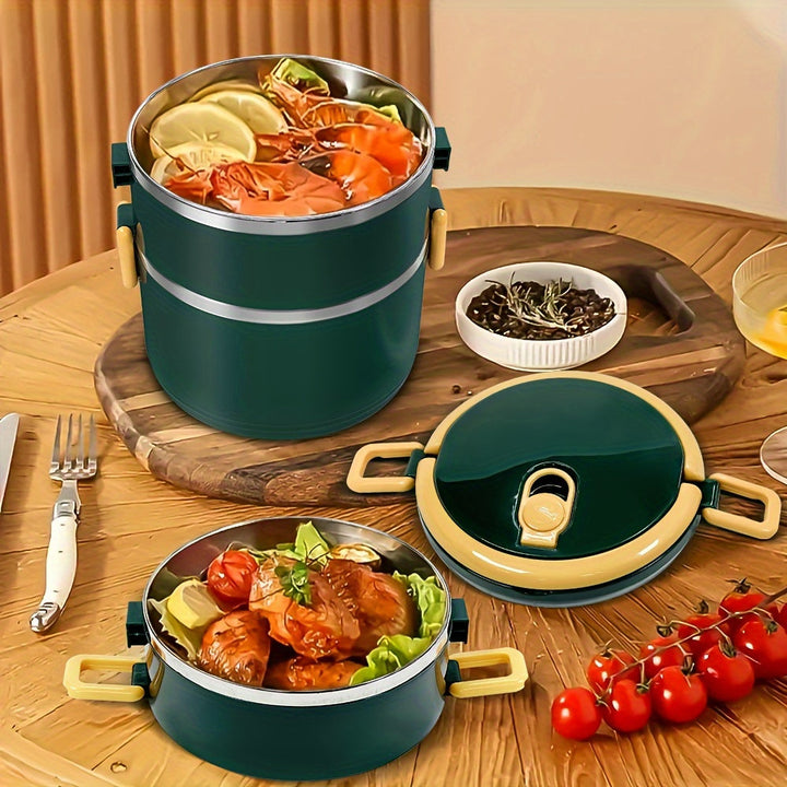 1 Lonchera grande de acero inoxidable de 3 niveles, contenedor de comida reutilizable y portátil con asa dorada para camping, picnics y uso en la cocina - Solución de almacenamiento de alimentos, esenciales para picnic, lonchera elegante y duradera