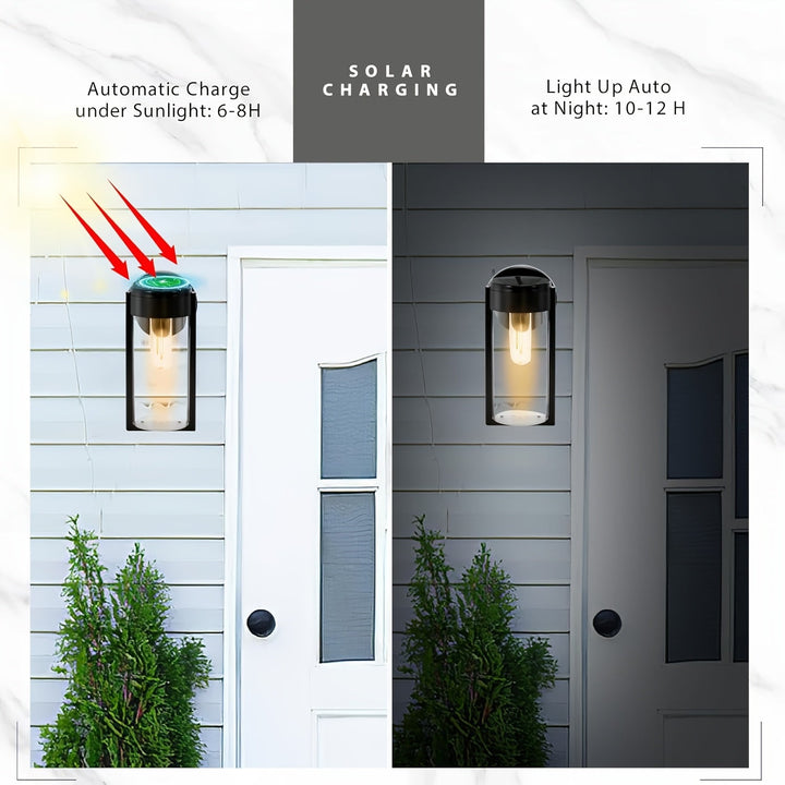 2 luces de pared solares para exteriores con bombillas de filamento de wolframio - Diseño moderno y elegante en negro, sensor automático para jardín, césped, patio, garaje y puerta principal, iluminación decorativa, luces solares para exteriores, ilumina
