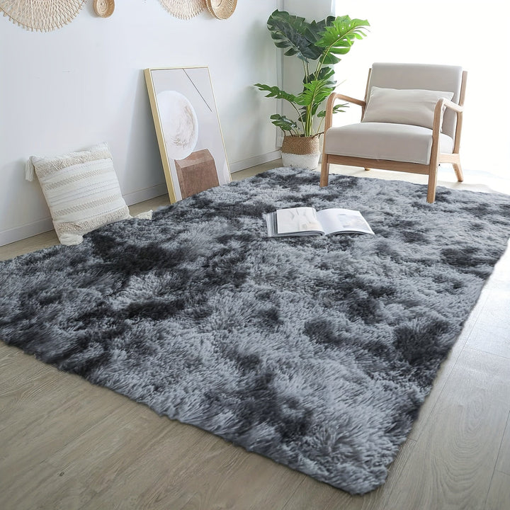 Alfombra de Pelo Largo Moderna de 1 Pieza, Alfombra Rectangular Gris Oscuro con Estampado Tie-Dye, Sin Desechos, Antideslizante, para Sala de Estar, Dormitorio, Decoración del Hogar