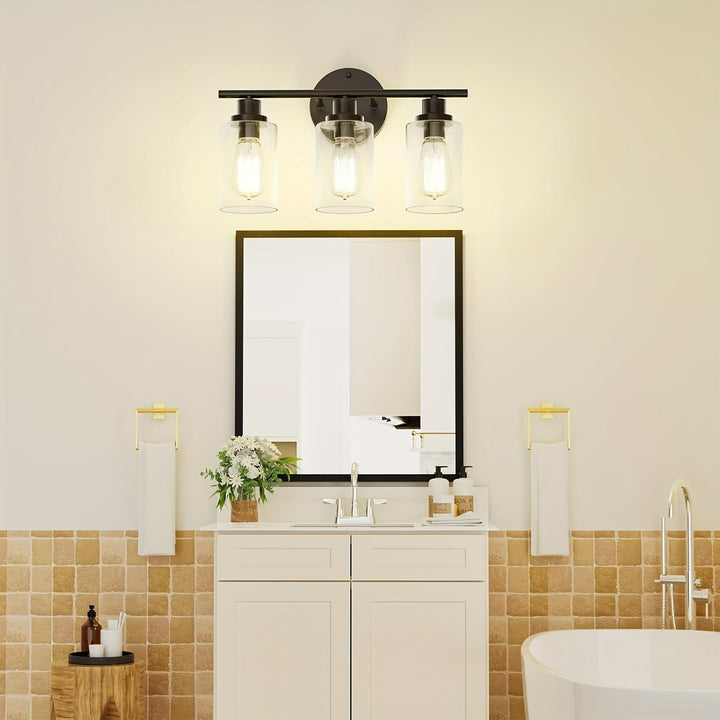 1 pza. Apliques de baño modernos, iluminación LED negra mate de 3 luces con base de bombilla E26, estilo granja, montaje en pared, sin batería, accesorio de iluminación