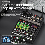 DEPUSHENG Mezclador de Audio Profesional de 4 Canales con Doble Micrófono Inalámbrico, Interfaz USB, Consola de Tablero de Sonido, Reproducción de MP3 - Ideal para Karaoke en Casa, Fiestas y Grabación en Estudio - Aleación Negra, Sistema de Karaoke para