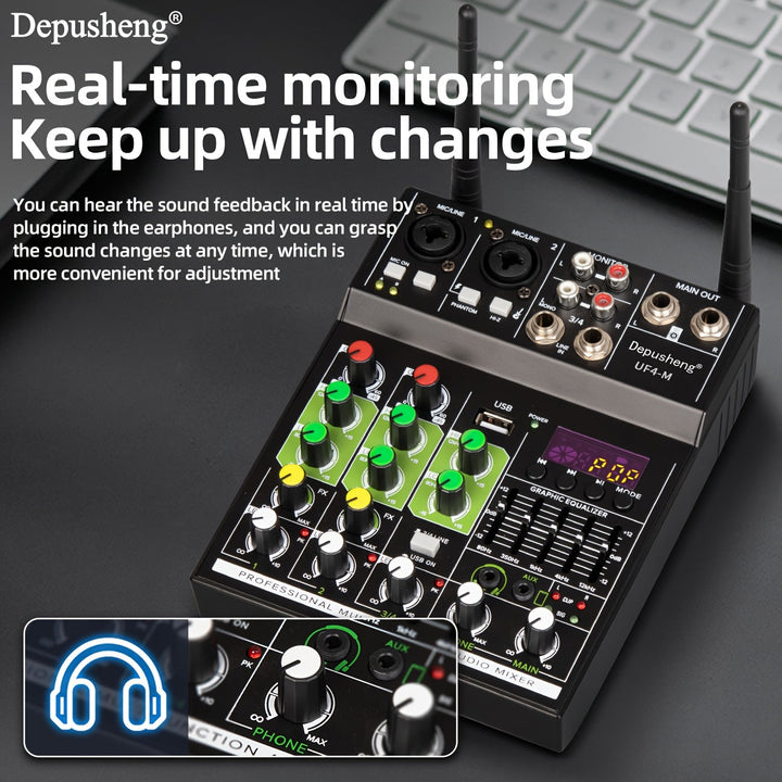 DEPUSHENG Mezclador de Audio Profesional de 4 Canales con Doble Micrófono Inalámbrico, Interfaz USB, Consola de Tablero de Sonido, Reproducción de MP3 - Ideal para Karaoke en Casa, Fiestas y Grabación en Estudio - Aleación Negra, Sistema de Karaoke para