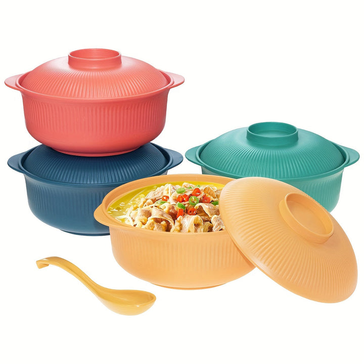 Juego de Dos Piezas de Material Plástico PP Apto para Alimentos con Tapa y Cuchara Larga, Bol Grande en Forma de Casserole 1100ml/38oz, Estilo Japonés/Coreano, Cuenco Ramen, Recipiente para Arroz, Fiambrera Familiar, Capacidad Extendida