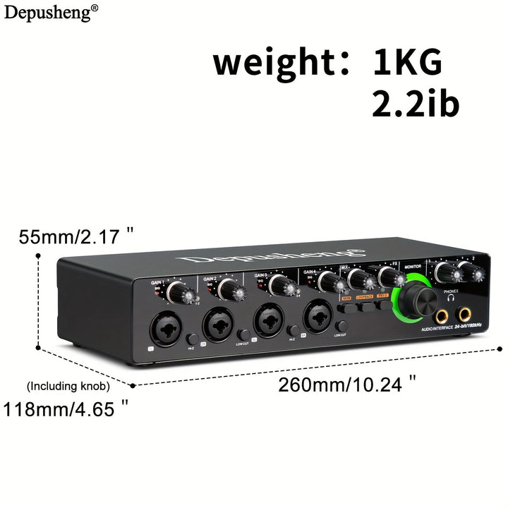 Interfaz de audio USB profesional DEPUSHENG, tarjeta de sonido con calidad HD, alimentación fantasma, conector para auriculares y 8 preamplificadores de micrófono - Consola de estudio para PC, podcasting, transmisión en vivo y videojuegos (24 bits/192 kH
