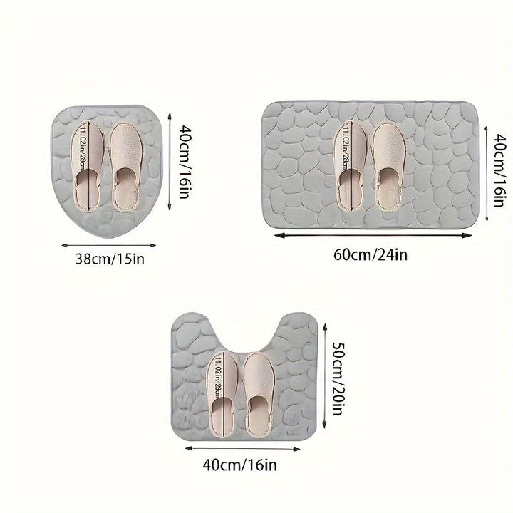 Conjunto de 3 alfombras de baño de vellón de coral, suaves, absorbentes y antideslizantes, diseño de guijarros sólidos, pelo bajo, lavables a máquina, con respaldo de PVC, para alfombras de baño oblongas (20x60cm)