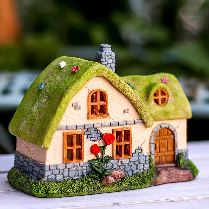 1pc Resina con acabado de encáustica, luz solar para casa de jardín de hadas, lámpara de estatua decorativa para exteriores con sensor de luz, control de botón, batería de níquel de 600 mAh, sin control remoto - Cabaña verde