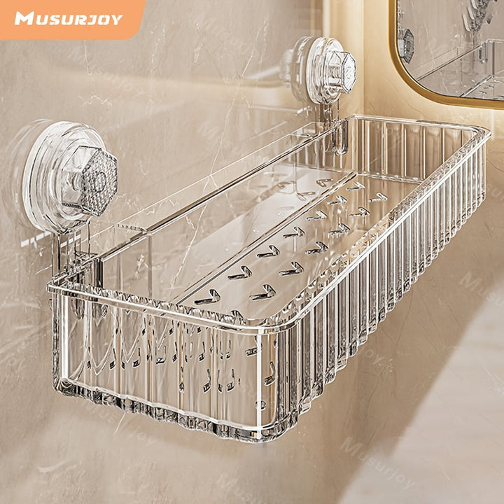 Estante de baño con ventosa Musurjoy, estante de almacenamiento montado en la pared sin taladrar, acabado de espejo, 1 pieza, para organizador de cosméticos de tocador de inodoro, decoración navideña, suministros de baño de cocina para el hogar