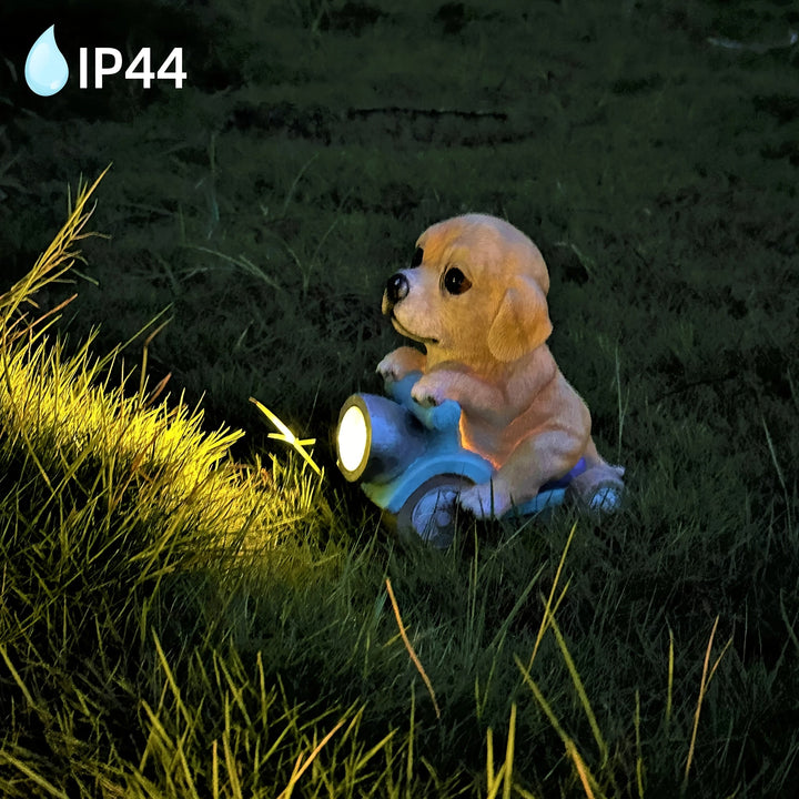 1pc XXOASIS Figura de resina de motocicleta de cachorro con energía solar, decoración de jardín con tema animal con control de interruptor, batería de níquel, ideal para patio, césped, balcón, alféizar de ventana, regalo único de vacaciones