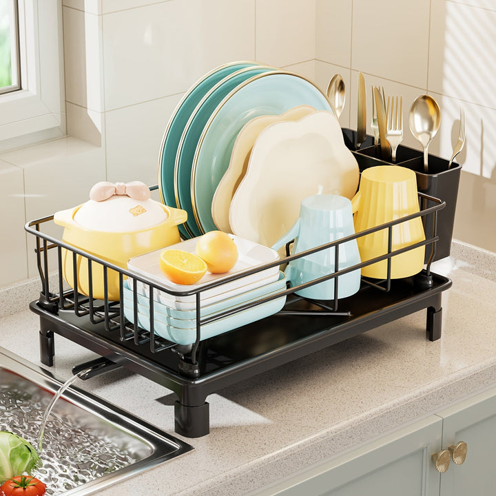 1 pieza de escurridor de platos negro multifuncional con bandeja de drenaje y línea de goteo – Organizador de cocina ahorrador de espacio para platos, tazas, cuchillos, tenedores y palillos – Diseño duradero de metal y plástico, escurridor de platos