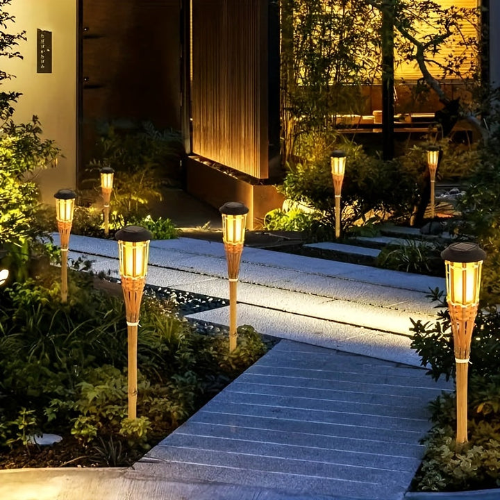 1pc Lámpara Solar de Estilo Bambú con Efecto de Llama Cálida, Encendido/Apagado Automático, Luz Duradera para Jardín Exterior, Decoración de Patio y Caminos, Diseño Imitación de Llama, Luces Solares para Exteriores