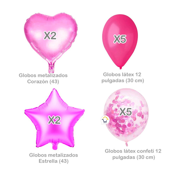 Kit Decoración Globos Estrella y Corazón Feliz Cumpleaños OE235