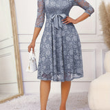 Vestido elegante con encaje floral, cinturón y dobladillo con volantes, cuello redondo y mangas 3/4, ideal para primavera y otoño, ropa de mujer