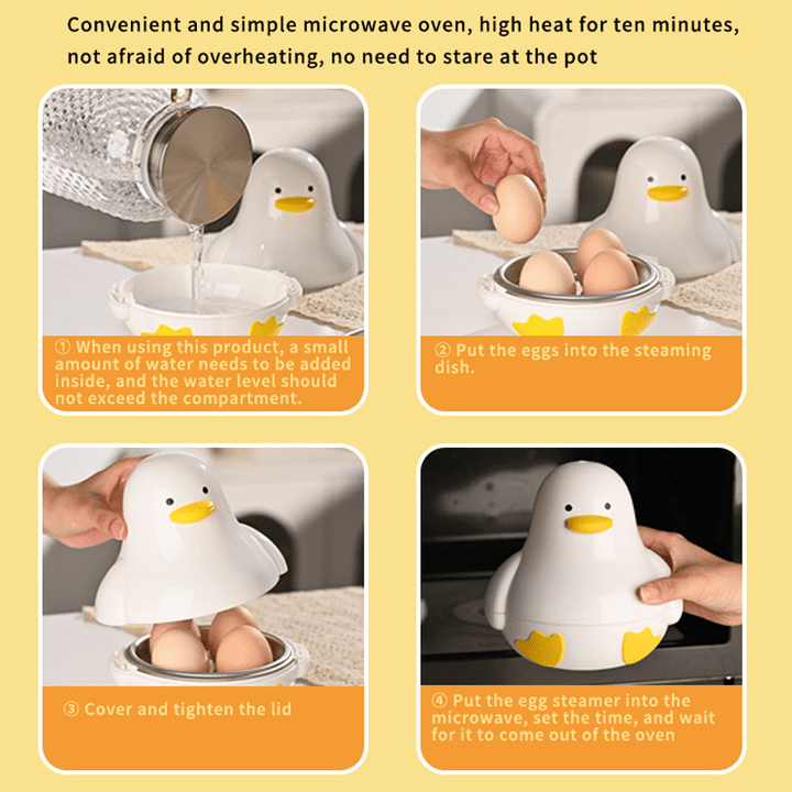 Cocedor de Huevos en Microondas con Forma de Pato para 4 Huevos - Vaporera de Plástico con Diseño de Pato Amarillo, Apto para Microondas, Sin Necesidad de Pilas, Delicia Compacta para el Desayuno en Casa
