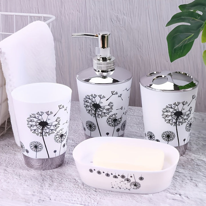 Juego de Baño Diente de León de 4 Piezas en Blanco y Negro - Incluye Dispensador de Jabón, 2 Tazas y Bandeja de Almacenamiento - Ideal para Regalar y Mejorar la Decoración del Hogar