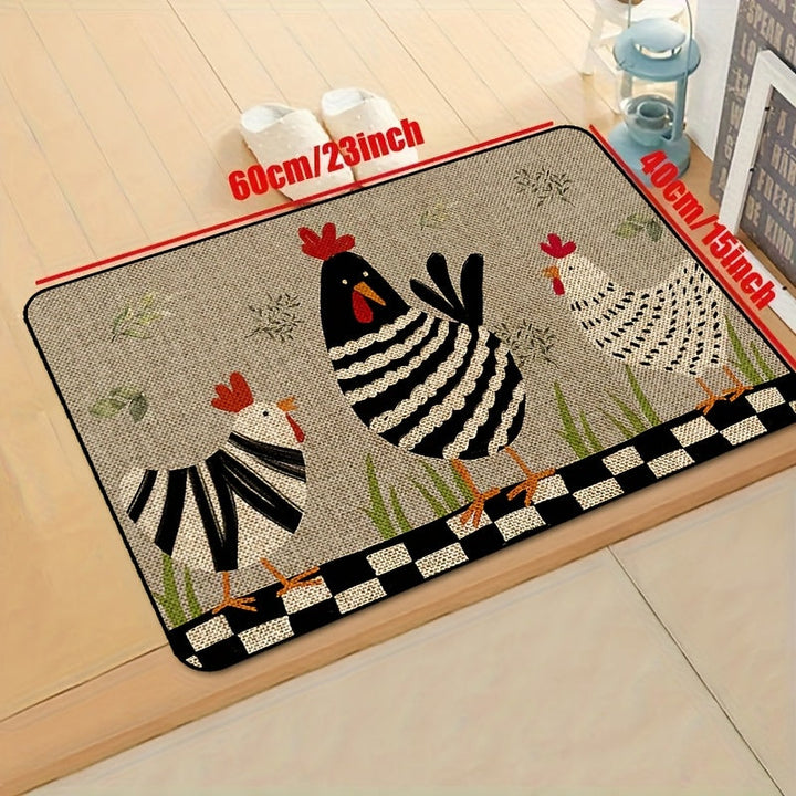 1pc Alfombra de Cocina Rústica de Secado Rápido con Estampado de Pollo 3D – Antideslizante, Poliéster Duradero para Decoración del Hogar, Baño y Uso Interior, Alfombra de Suelo de Cocina
