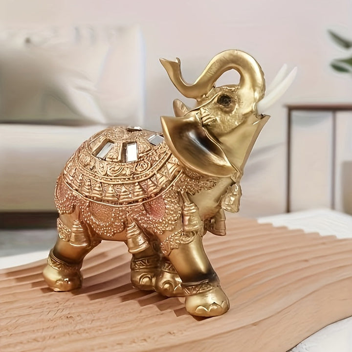 Estatua de Elefante Dorado Auspicioso - Decoración de Feng Shui para Riqueza y Prosperidad, Artesanía de Resina para Hogar y Oficina, Exhibición Versátil para Interiores/Exteriores