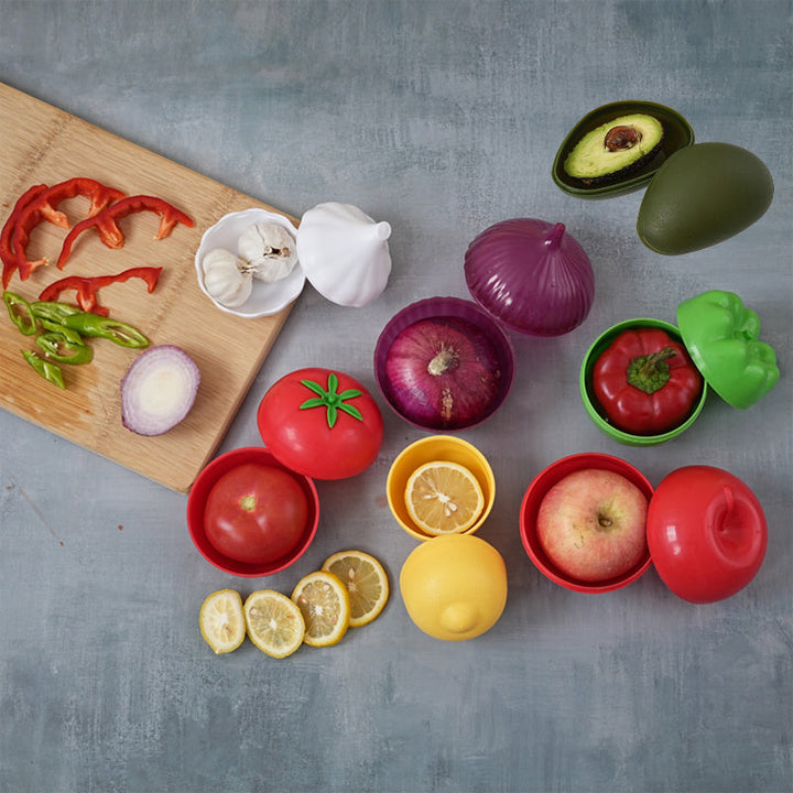 7 Piezas de Contenedores para Frutas y Verduras - Tapas Antifugas, Recipientes Plásticos Reutilizables para Refrigerador y Despensa, Lavado a Mano, Diseño Compacto, Material BPA-Free, Organización de Alimentos, Granos y Ajo, Ideal para Cocinas Caseras