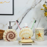 Conjunto de accesorios de baño de cerámica con conchas marinas de 4 piezas, 1 tazas para gargajeo, 1 soportes para cepillos de dientes, 1 platos para jabón, 1 dispensador de jabón (esmalte mate)