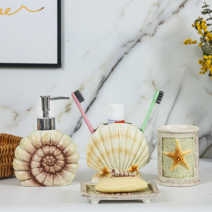 Conjunto de accesorios de baño de cerámica con conchas marinas de 4 piezas, 1 tazas para gargajeo, 1 soportes para cepillos de dientes, 1 platos para jabón, 1 dispensador de jabón (esmalte mate)