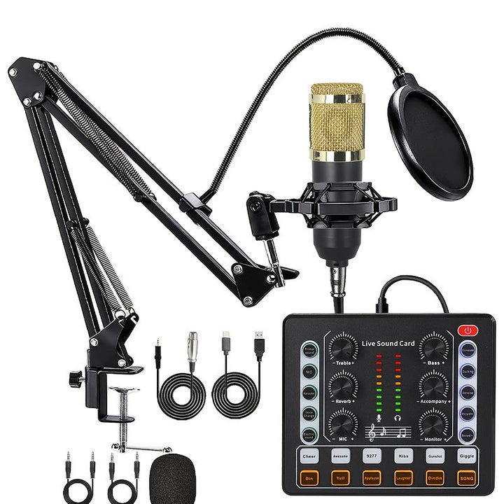 Kit Completo de Podcast con Tarjeta de Sonido V8 y Micrófono de Condensador - Jack de Audio Alimentado por USB para Grabación, Streaming, Juegos | Compatible con Computadoras, Smartphones | Incluye Tarjeta de Sonido en Vivo, Auriculares, Cables y Accesor