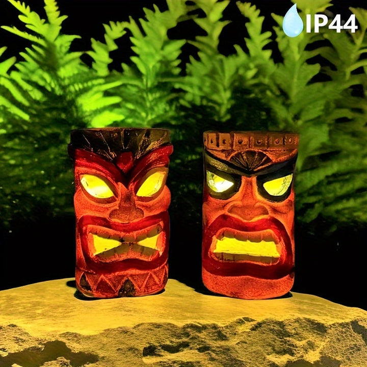 XXOASIS Hawaiian Tiki Resin Solar Lantern, acabado encáustico, control de botón pulsador, batería de níquel de 200 mAh, jardín al aire libre, patio, césped, balcón, decoración del alféizar de la ventana, regalo único para las fiestas.