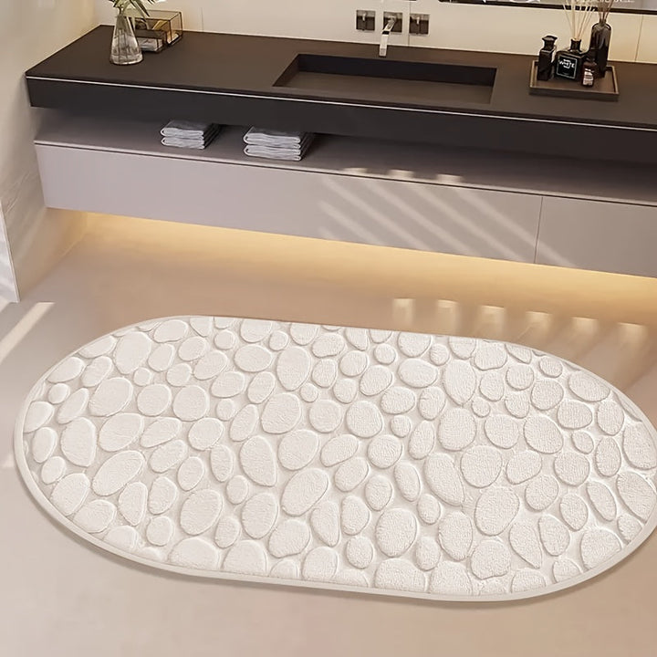 1pc Alfombra de Baño Ovalada con Patrón de Guijarros, Absorbente y Antideslizante, Alfombra de Pies Suave y Cómoda, Poliéster, Suministros de Baño Ideales, Alfombra de Bañera de Lujo, Ducha - Accesorios de Decoración para el Hogar