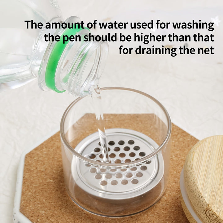 Vaso Limpiador de Pinceles para Uñas con Malla de Acero Inoxidable - Diseño Resistente al Calor y Tapa de Madera, Operación Manual Sin Olores, Mantenimiento Eficiente de Gel y Acrílico, Portapinceles Elegante