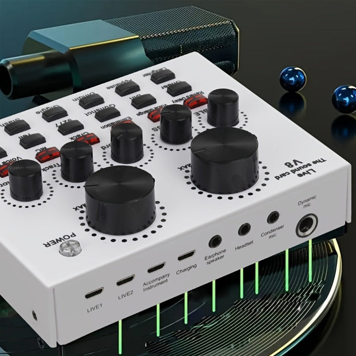 Interfaz de sonido V8 con cambiador de voz - Alimentado por USB, batería recargable de 500mAh, tarjeta de sonido negra ABS para grabación de PC, canto, transmisión y juegos, incluye micrófono y jacks de auriculares, tarjeta de sonido para juegos | Tarjet