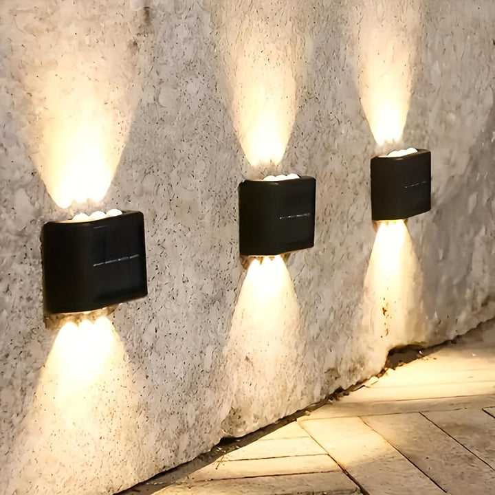 2 piezas de luces solares LED para exteriores, luz solar para jardín, calle, paisaje, balcón, decoración, fácil instalación, luces de pared solares para jardín, entrada y acceso