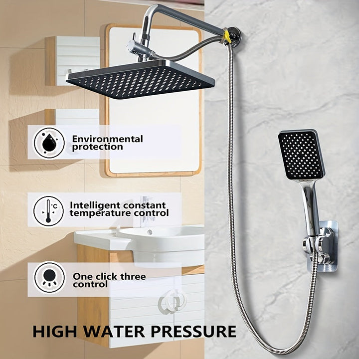 Juego de accesorios para ducha: cabezal rectangular de alto flujo en material plástico ABS, cabezal de mano 2 en 1, manguera extensible, distribuidor de agua de 3 vías