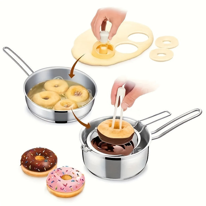 2 piezas de kit de fabricación de donas DIY - Molde de plástico PP no adherente con cuchara y pinzas, herramienta de cocina fácil de usar para donas caseras, suministros para fabricar donas, esenciales para hornear, diseño juguetón, plástico duradero