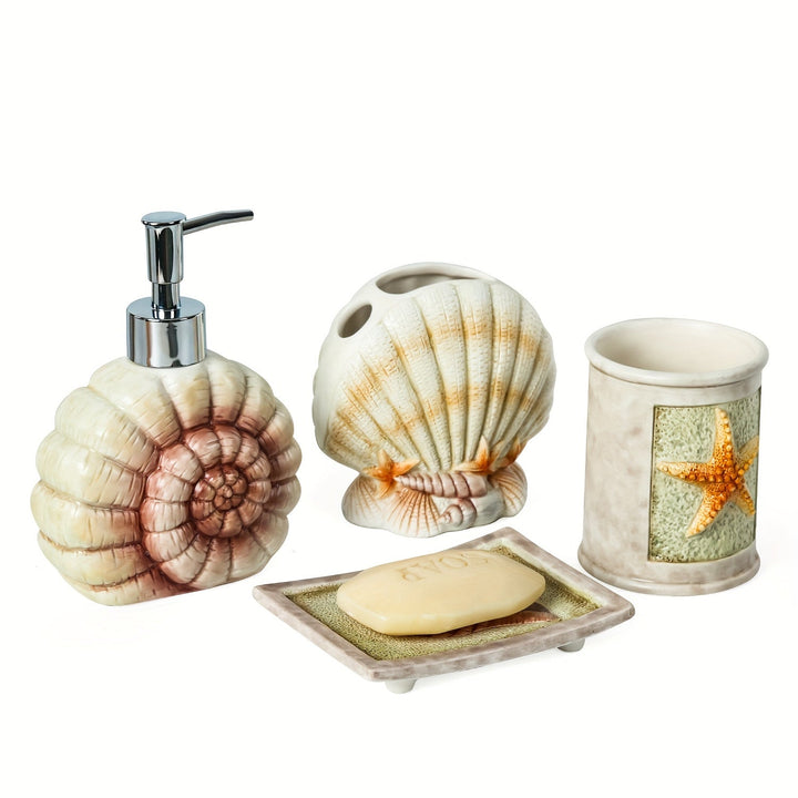 Conjunto de accesorios de baño de cerámica con conchas marinas de 4 piezas, 1 tazas para gargajeo, 1 soportes para cepillos de dientes, 1 platos para jabón, 1 dispensador de jabón (esmalte mate)
