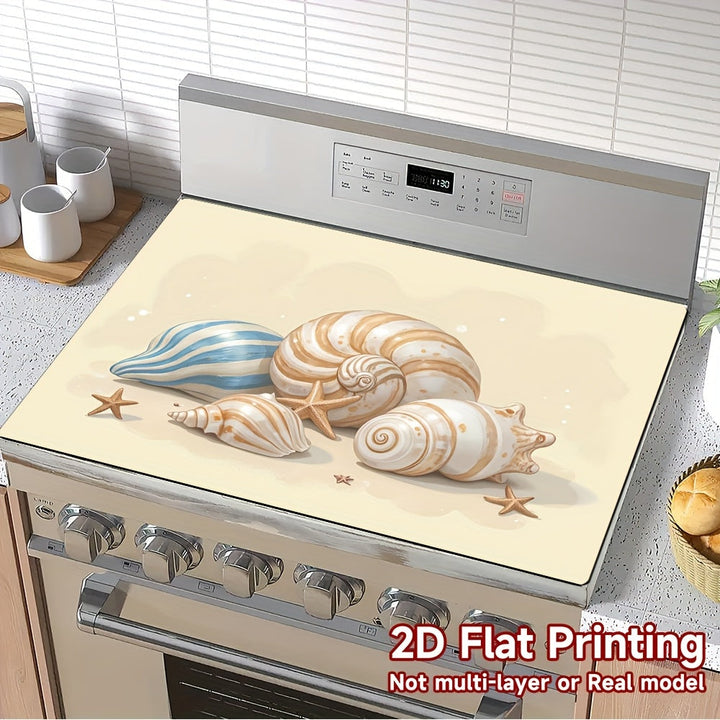 1pc Protector de Encimera para Estufa - Tapete Resistente al Calor con Diseño de Concha (Beige/Azul), Antirrayas para Cocinas de Gas/Eléctricas, Cafetera y Lavavajillas, Fácil de Limpiar, Motivo 2D Plano